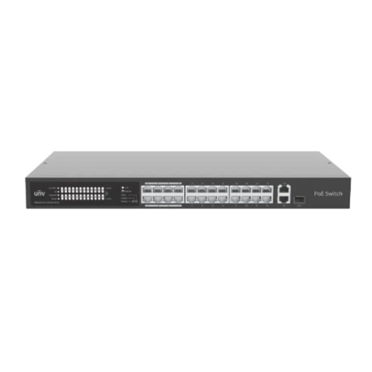 UNIVIEW switch 24x100Mbps PoE portů + 1xGbps uplink + 1xGbps combo uplink port s SFP slotem, PoE budget 370W (802.af/at,