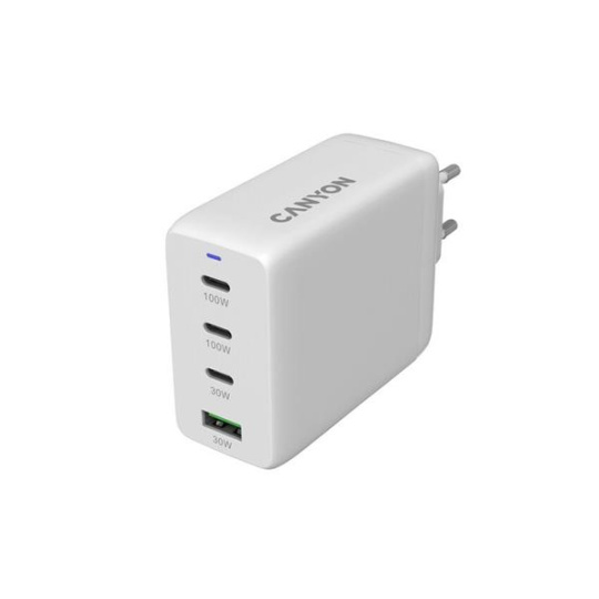 Canyon 100ACC vysokorýchlostná univerzálna nabíjačka do steny, 2xUSB-C 100W, 1xUSB-C 30W, 1xUSB-A 30W, biela