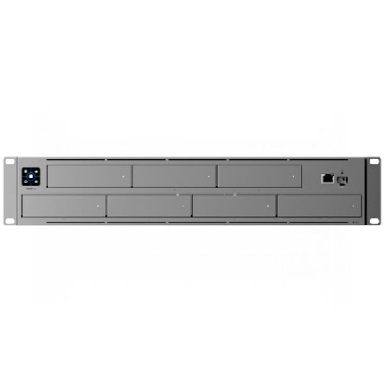 Ubiquiti 2U rack-mount NAS with (7) 2.5/3.5" drive bays and 10 Gbps performance designed for large-scale file storage an