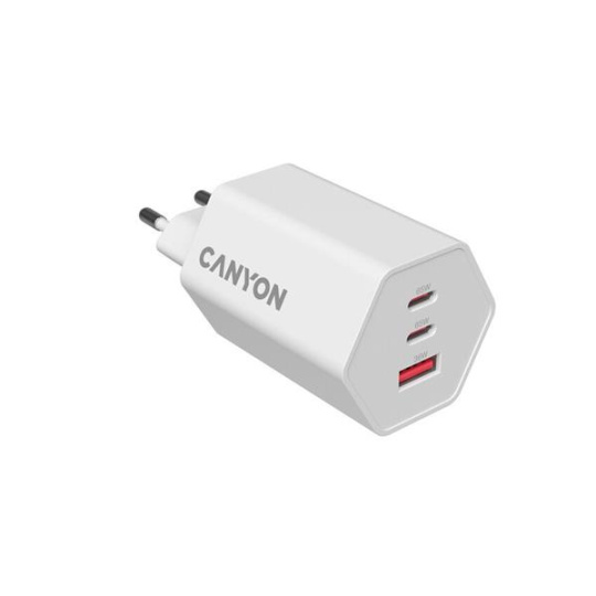 Canyon Hexagon 65, vysokorýchlostná univerzálna nabíjačka do steny, 2x USB-C 65W PD, 1x USB-A 18W, biela 