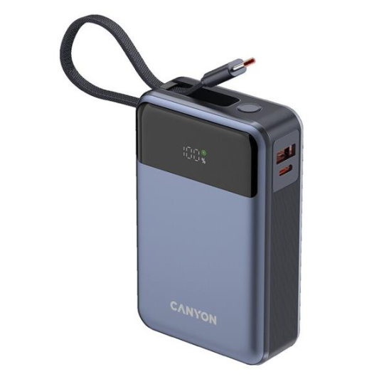 Canyon OnPower 600, Powerbank, 20.000 mAh, displej, in: USB-C, out: USB-C,  PD 65W/ USB-A, QC3 22,5W, integr. kábel