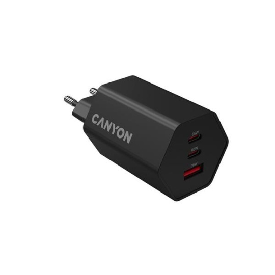 Canyon Hexagon 65, vysokorýchlostná univerzálna nabíjačka do steny, 2x USB-C 65W PD, 1x USB-A 18W, čierna