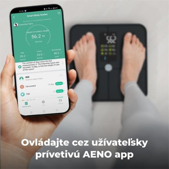 AENO Smart osobná váha ABS0002S, do 180kg, BMI, Srdcový tep, 15 indexov, BTTH, Aplikácia, Spec. sklo, farebný  Displej