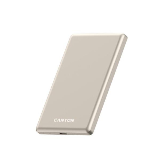 Canyon OnCharge 505, Powerbank, 5.000 mAh, in: USB-C, out: USB-C PD 20W + Wireless Magnet 15W, ultratenká, béžová